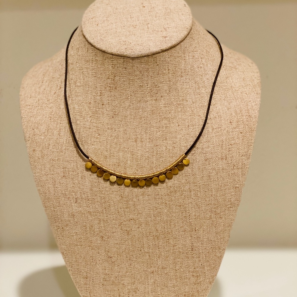 Stella & Dot Leather Gold Coin Disk Necklace